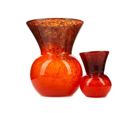 JOHN MONCRIEFF LTD., GRADUATED PAIR OF MONART GLASS VASES EARLY 20TH CENTURY circa 1930, of thistle form, in mottled orange t