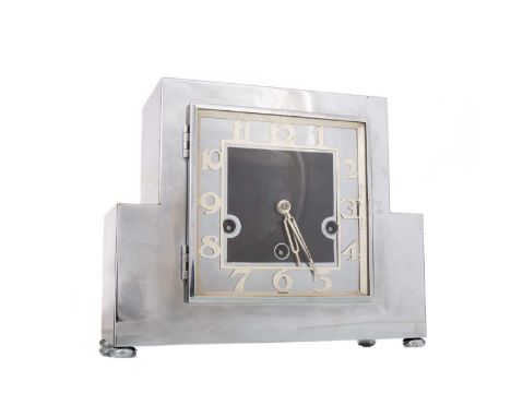 ART DECO WESTMINSTER CHIME MANTLE CLOCK EARLY 20TH CENTURY with polished chrome plating to front, the dial set with Arabic nu