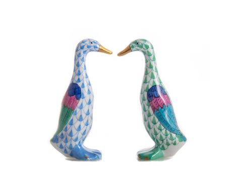 HEREND HUNGARY, TWO PORCELAIN FIGURES OF GEESE in Vieux Herend mint green and blue fishnet colourways respectively with polch