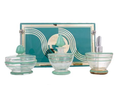 ART DECO CZECHOSLOVAKIAN GLASS DRESSING TABLE SET EARLY 20TH CENTURY comprising a twin handled tray, table jar, perfume bottl