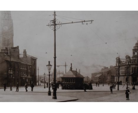 Three photographic prints of early 20th Century Rochdale, framed, mounted, and under glass, together with two other coloured 