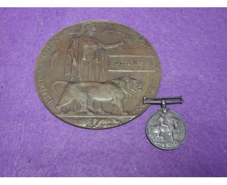 A World War I British War medal and a Memorial plaque to 260001 Cpl. J Keene. E. Lan. R.
