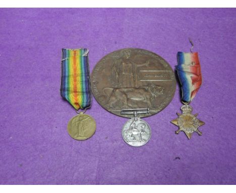 A World War I British War medal, Victory medal, 1914-1915 Star and Memorial plaque to 1139 Pte. J. Elliott, R. Lanc. R.