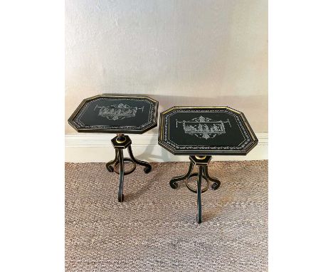 Pair of Regency revival painted occasional tables attributed to Colefax and Fowler, with classical tablet painted dished cant
