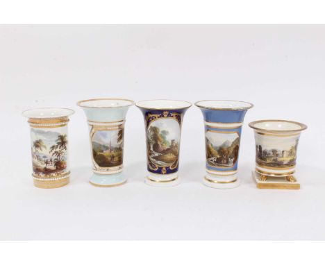 Four Derby spill vases, and a Miles Mason spill vase on paw feet, each decorated with landscape scenes, the largest 11.5cm (5