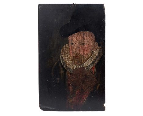 Naive folk art portrait on panel, 19th century or earlier, possibly a pub sign, depicting a gentleman wearing a ruff, 58 x 36