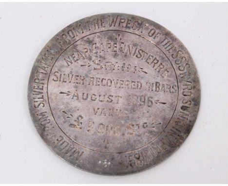 Interesting late Victorian silver deep sea diving medal, inscribed 'Silver taken from the wreck of the SS Skyro sunk in April