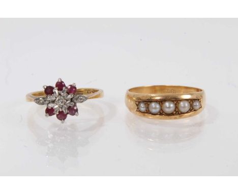 Victorian gold and split pearl ring with five graduated pearls in 18ct gold setting, size P½, together with a ruby and diamon