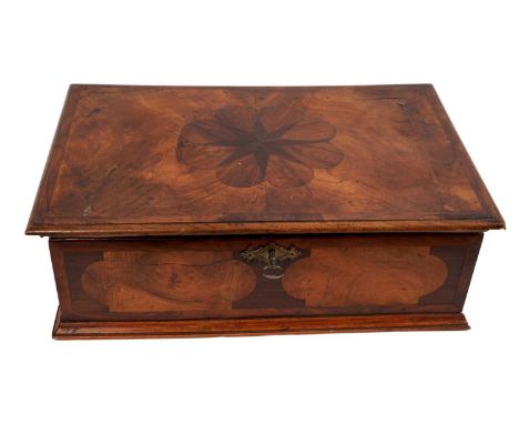 William and Mary walnut and laburnum lace box, with geometric inlaid flanking carrying handles, divisions to the interior, 45