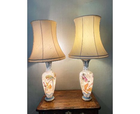 Pair of 19th century painted bohemian milk glass vases, presented as lamps, painted with exotic birds. vases 50cm highBoth va