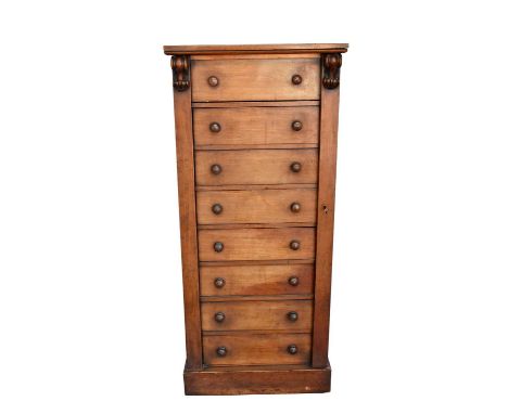 Early Victorian walnut Wellington chest, with bank of eight graduated drawers between locking stiles on plinth base, 62cm wid