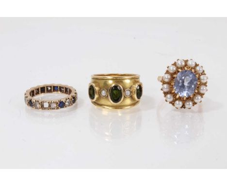 Blue stone and cultured pearl cluster ring, together with two 9ct gold and gem-set dress rings (3)