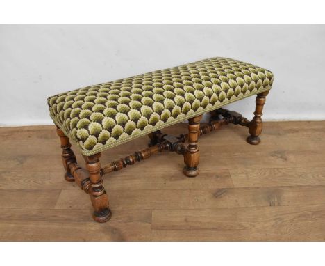 18th style walnut foot stool, with woodwork tapestry seat on turned and block understructureProvenance: The Angela Kay Collec