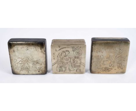 Chinese paktong ink box, engraved with two figures in an interior, 9cm wide, together with two further pictorially engraved i