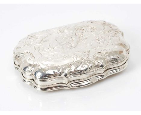 Late 18th century French silver snuff box of shaped cushion form, with hinged cover, chased and engraved with an image of Led