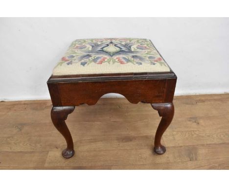 18th century walnut stool, with square tapestry embroidery slip-in seat, raised cabriole legs on pad feet, 47cm wide. Purchas