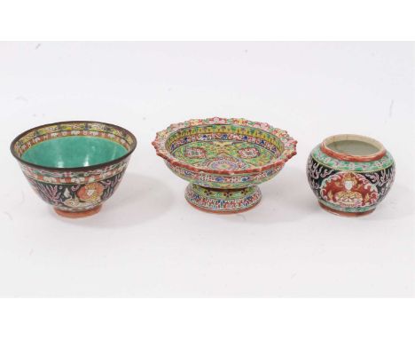 Three pieces of 19th century Chinese porcelain for the Thai market, including a bowl, jar and footed dish, each piece enamell