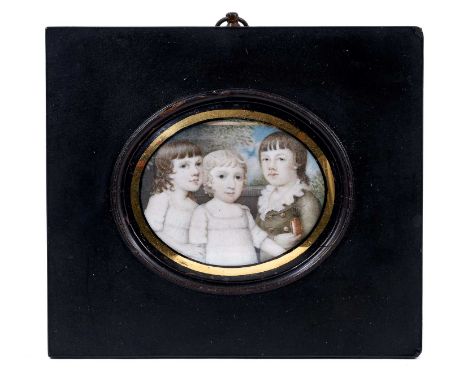 Small early 19th century portrait miniature on ivory of three members of the Moore family, inscribed verso, oval, in ebonised