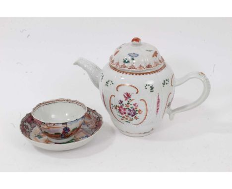 18th century Chinese famille rose porcelain teapot, decorated with flowers, together with a tea bowl and saucer decorated in 