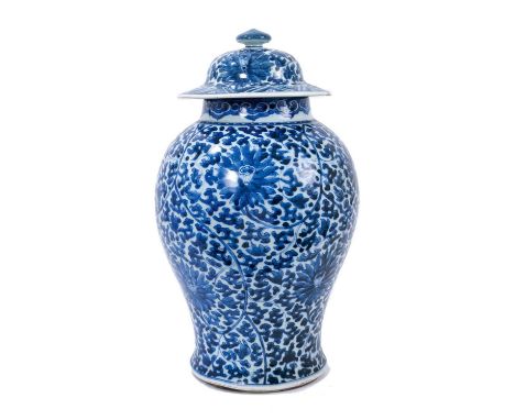 18th century Chinese blue and white baluster vase and cover, lotus scroll decoration, 45cm high, together with a similar cove