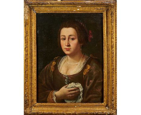 Continental School, 17th century, oil on canvas, quarter length portrait of a woman wearing pearls, 60 x 46cm, gilt frameProv