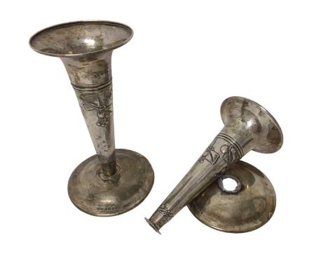 Pair of 'Liberty &amp; Co' Art Nouveau silver vases with trumpet shape body on circular foot, model number 2243, Birmingham 1