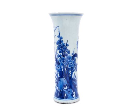 Chinese blue and white porcelain beaker vase, Transitional period, freely painted with birds amongst prunus and bamboo, 25.75