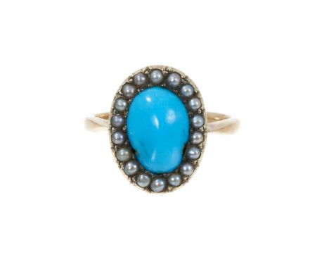 Victorian turquoise and seed pearl oval cluster ring in gold setting with pierced gallery on gold shank, ring size K.