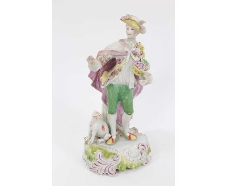 Derby figure of a Dresden Shepherd, circa 1760, polychrome decorated, shown holding a basket of fruit, standing on a floral e