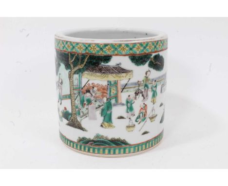 Chinese famille verte brush pot, Kangxi style but late 19th/early 20th century, decorated with a continuous figural scene, wi