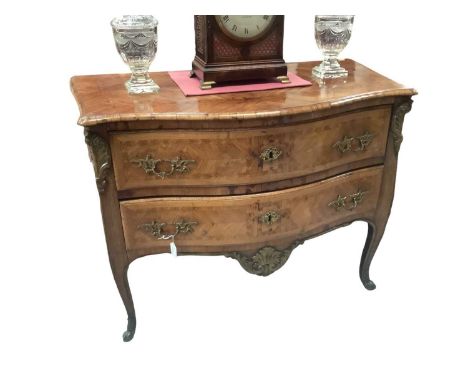 18th century continental king wood and feather banded commode, of serpentine form, with two long drawers over shell carved fr