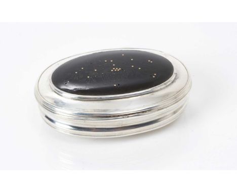 18th century white metal snuff box of oval form, with gilt interior and hinged cover, inset with a tortoiseshell panel, with 