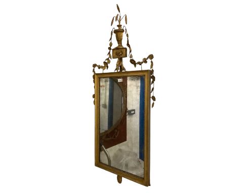 George III gilt wood wall mirror, with pleasantly distressed rectangular plate in bead moulded frame with wheatsheaf, urn and