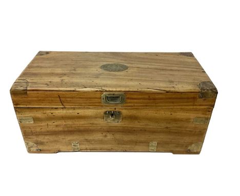 Victorian brass bound camphor wood trunk with flanking carrying handles plaque reading 'By Her Majesty's Royal Letters Patent