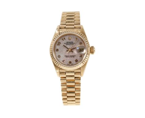 Ladies Rolex 18ct gold Oyster Perpetual DateJust wristwatch, model 69178. with textured Rolex dial with applied gold numerals