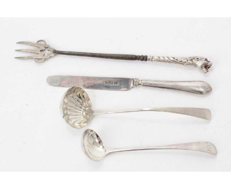 Collection of four silver items, including a George III Scottish silver sauce ladle with shell bowl, George III silver cream 