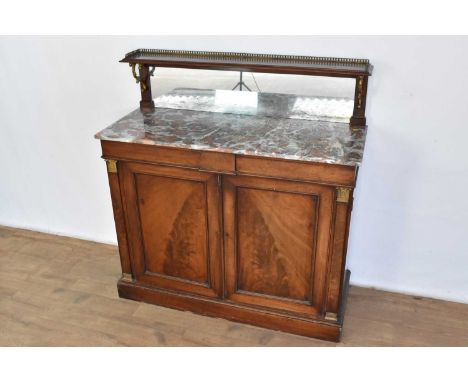 Early Victorian marble topped chiffonier, with raised shelf and mirror back, figured marble top over frieze drawer with twin 