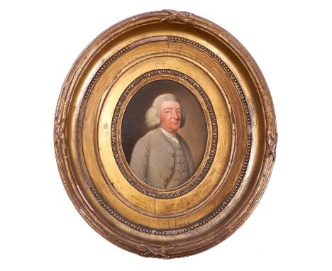 18th century oil on canvas laid on panel miniature portrait of a gentleman with grey coat and wig, unsigned, oval, 13 x 11cm,