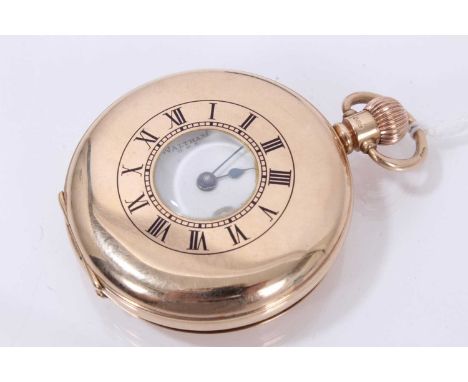 Gentlemen's 9ct gold Waltham half hunter pocket watch, with button-wind Waltham movement, circular white enamel dial, in Denn