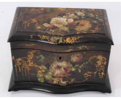 Victorian painted papier-mâché tea caddy, of serpentine form, with gilt ornament, raised on squat bun feet, 21cm wideGeneral 