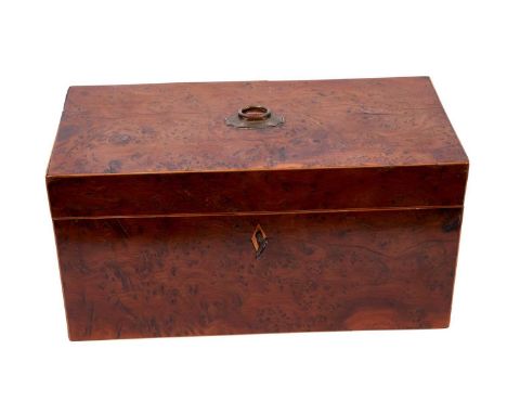 Early 19th century figured yew wood tea caddy, with glass mixing bowl and flanking lidded compartments, 30cm wide