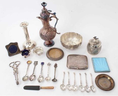 Selection of miscellaneous English and foreign silver and white metal, including two cigarette cases, pair salts, candlestick
