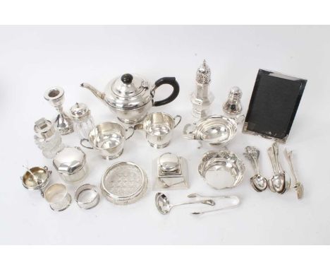 Selection of miscellaneous silver, including three piece tea set, inkwell, sauce boat, photograph frame, bon bon dishes, flat