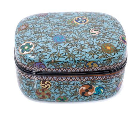 Japanese Meiji period cloisonné box, decorated with roundels on a foliate-patterned bamboo ground, 11.5cm acrossGood original