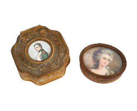 19th century French gilt metal box, with inset watercolour portrait on ivory of Napoleon, 9cm wide, together with another Fre