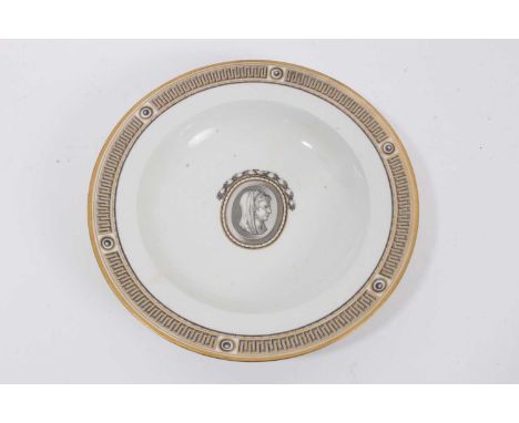 A Vienna Neoclassical plate, circa 1780, decorated en grisaille with central portrait medallion and Greek Key border, beehive