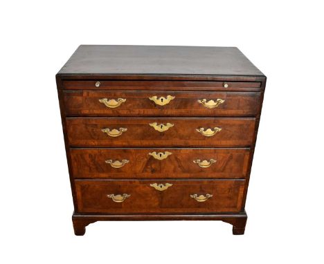 George I walnut and crossbanded chest of drawers, with caddy moulded top and brushing slide over four graduated drawers on br