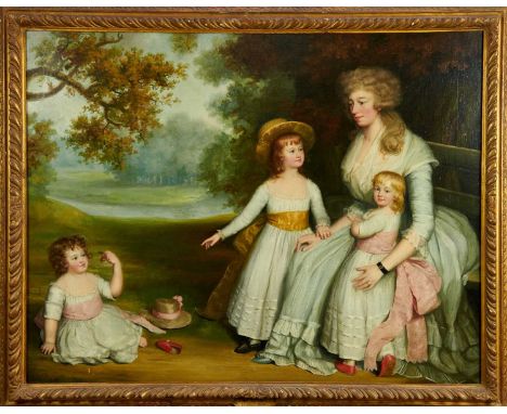 John Russell (1745-1806) oil on canvas - Portrait of Mrs Drury and her three children in Parkland, 86cm x 107cm, in gilt fram