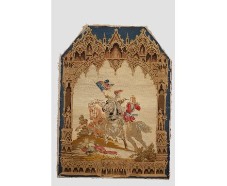 Petit point wool and silk embroidered picture, English, 19th century, 37in. X 28in. 94cm. X 71cm. Depicting two cavaliers due