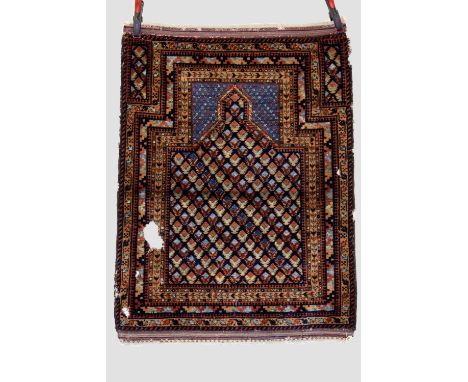 Dokhtar-e-Qazi Timuri Baluch prayer rug, west Afghanistan, early 20th century, 4ft. 2in. X 3ft. 1in. 1.27m. X 0.94m.  Some we